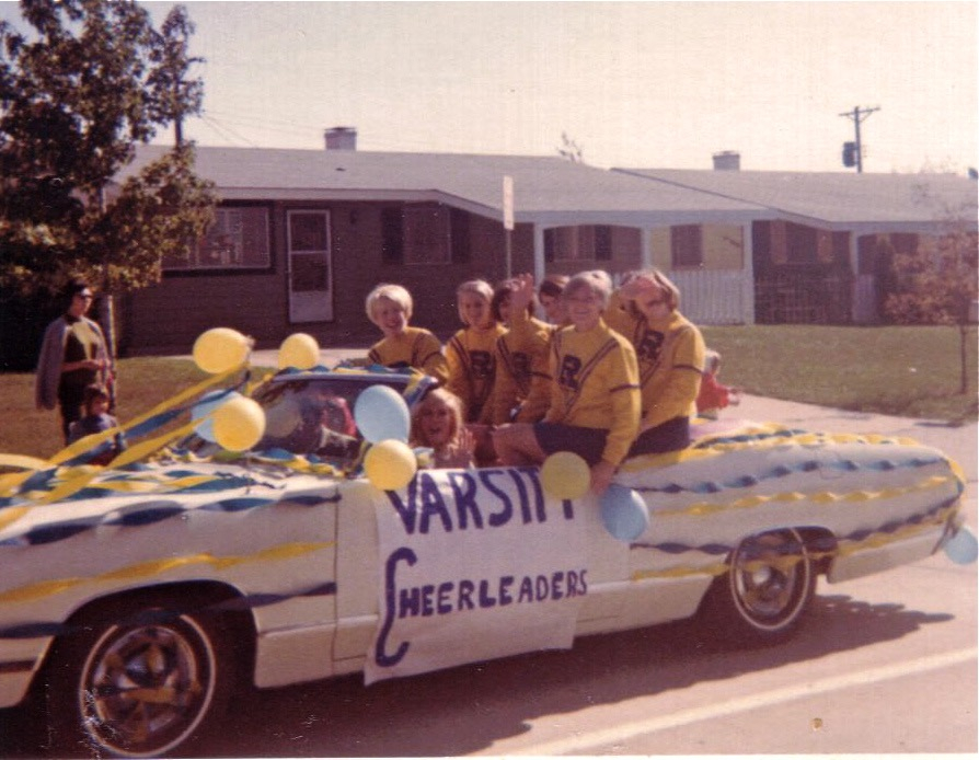 Varsity Cheerleaders - Homecoming Parade (Senior Year): Bobbie McGough, Cheryl Niebur, Donna Mayer, Rhonda Weber, Linda Bergmeyer, Sandy Elmer