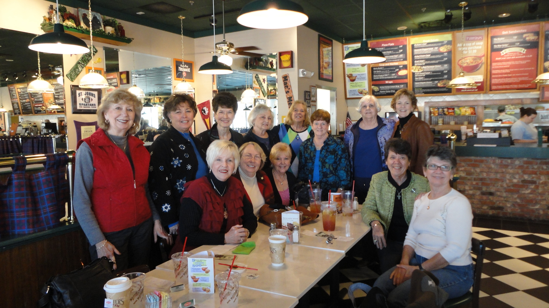 Ladies' lunch gathering, McAllister's Deli, Fleming Island, February, 2011. Seated, l-r:Clarice Ivey Kennedy, Carolyn Wilson, Eleanor Chance Baker, Faye Johnson Barrow, Gwen Dempsey Radimer.
Standing, l-r: Barbara Rulkiewicz Kirkman, Kathleen Raulerson