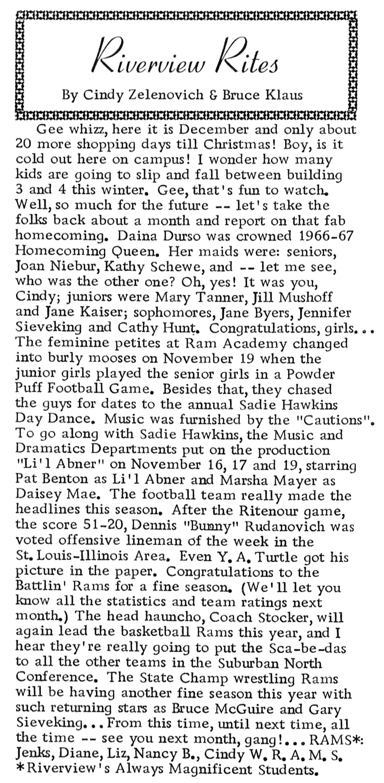 RIVERVIEW RITES: DECEMBER 1966