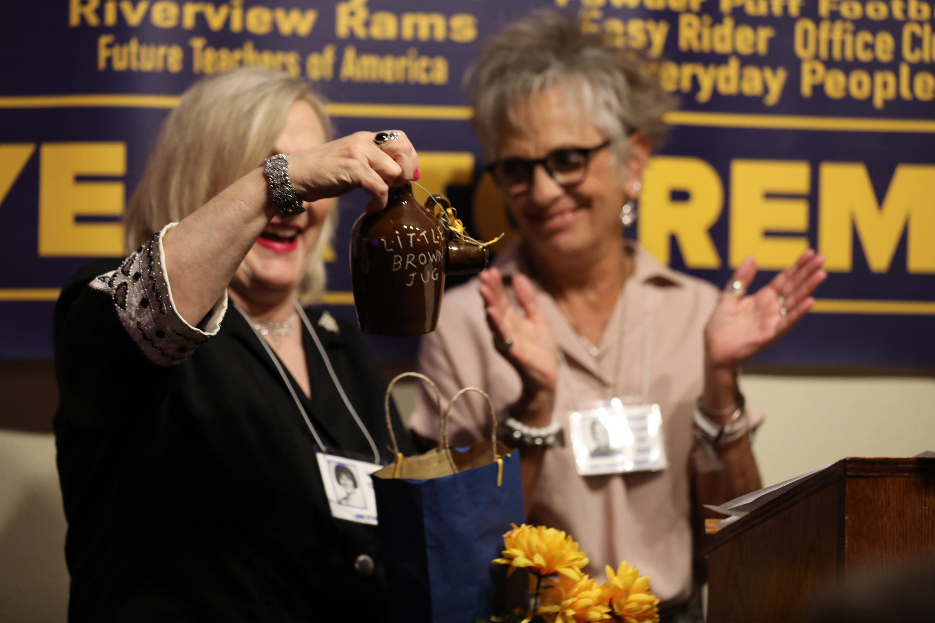 Jane Byers receives a Special Gift from Runa - a Little Brown Jug! Picture by Dave Hartley.